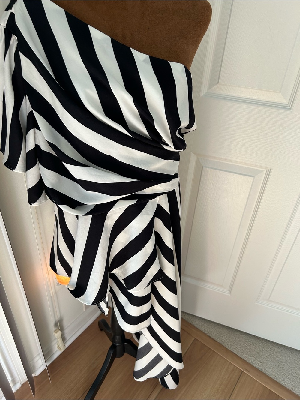 Love the Queen One-Shoulder Black & White Striped Dress